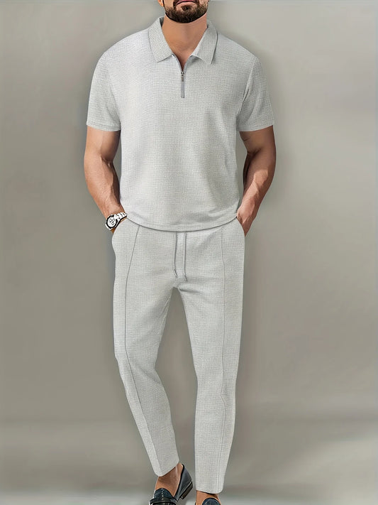 New Men's Solid Color Suit Waffle Lapel Short-sleeved Zipper Long Pants Set - The Best Choice For Casual Wea