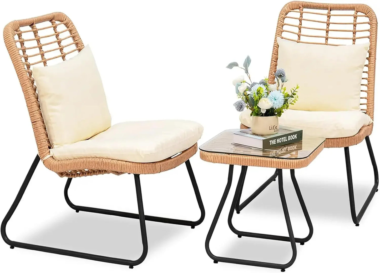 3 Piece Outdoor Wicker Bistro Set, Patio Conversation Sets w/2 Large Rattan Chairs and Tempered Glass Table, Patio Furniture