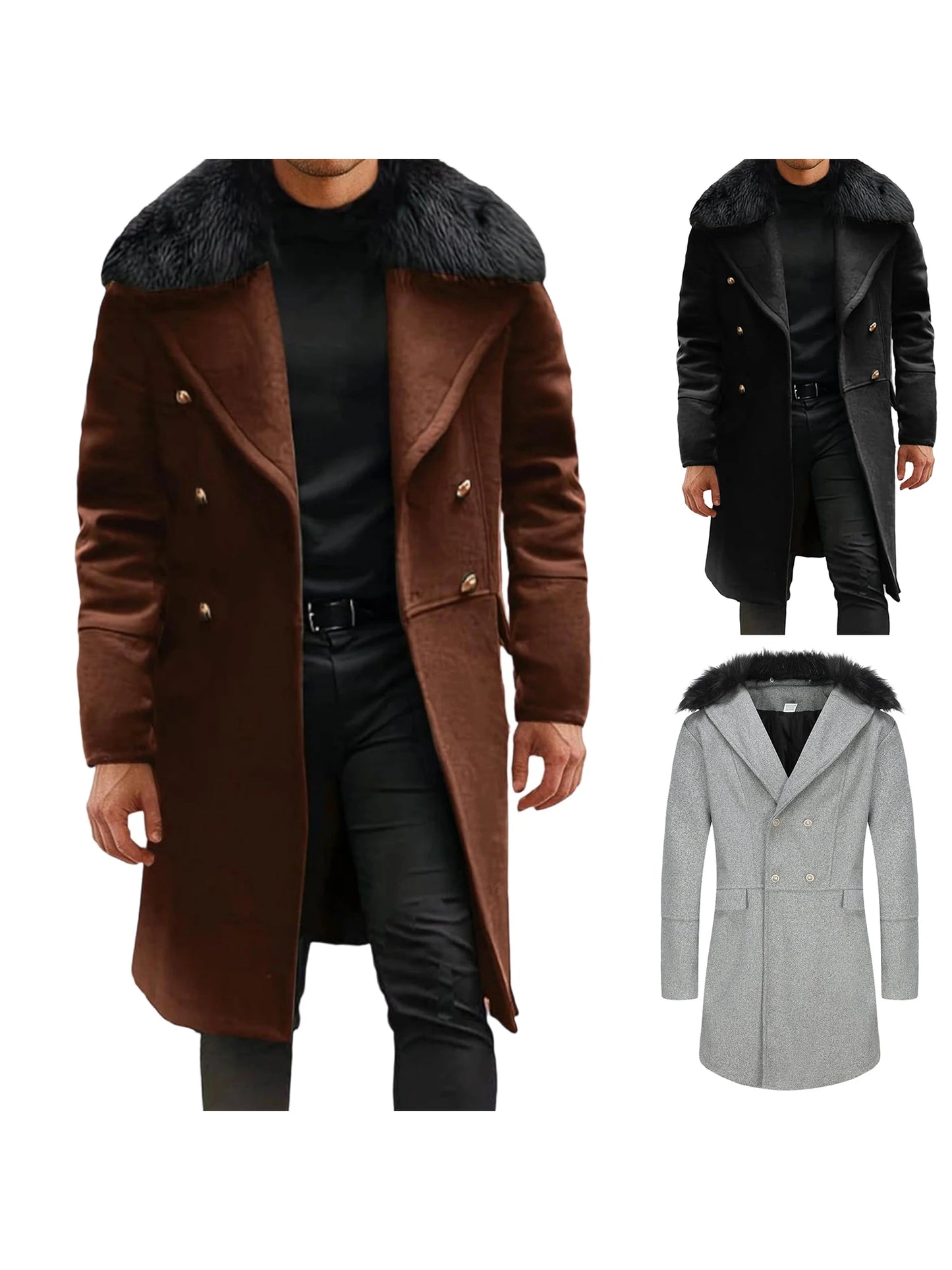 Guangdong Men Classic Double Breasted Trench Coat Removable Fur Collar