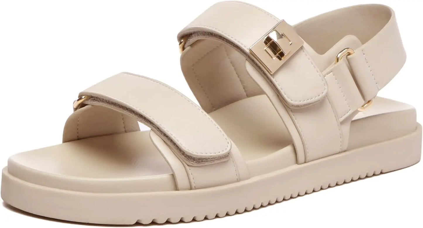 Women's Flat Sandals Comfort Adjustable Double Strap Slip on Leather Footbed Sandals shoes for women