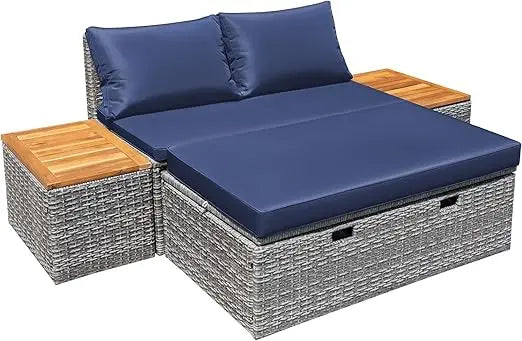 Patio Day Bed Outdoor Daybed Set Multifunctional Rattan Lounge Bed with 2 Side Tables for Backyard Porch Poolside Lawn Beach (N