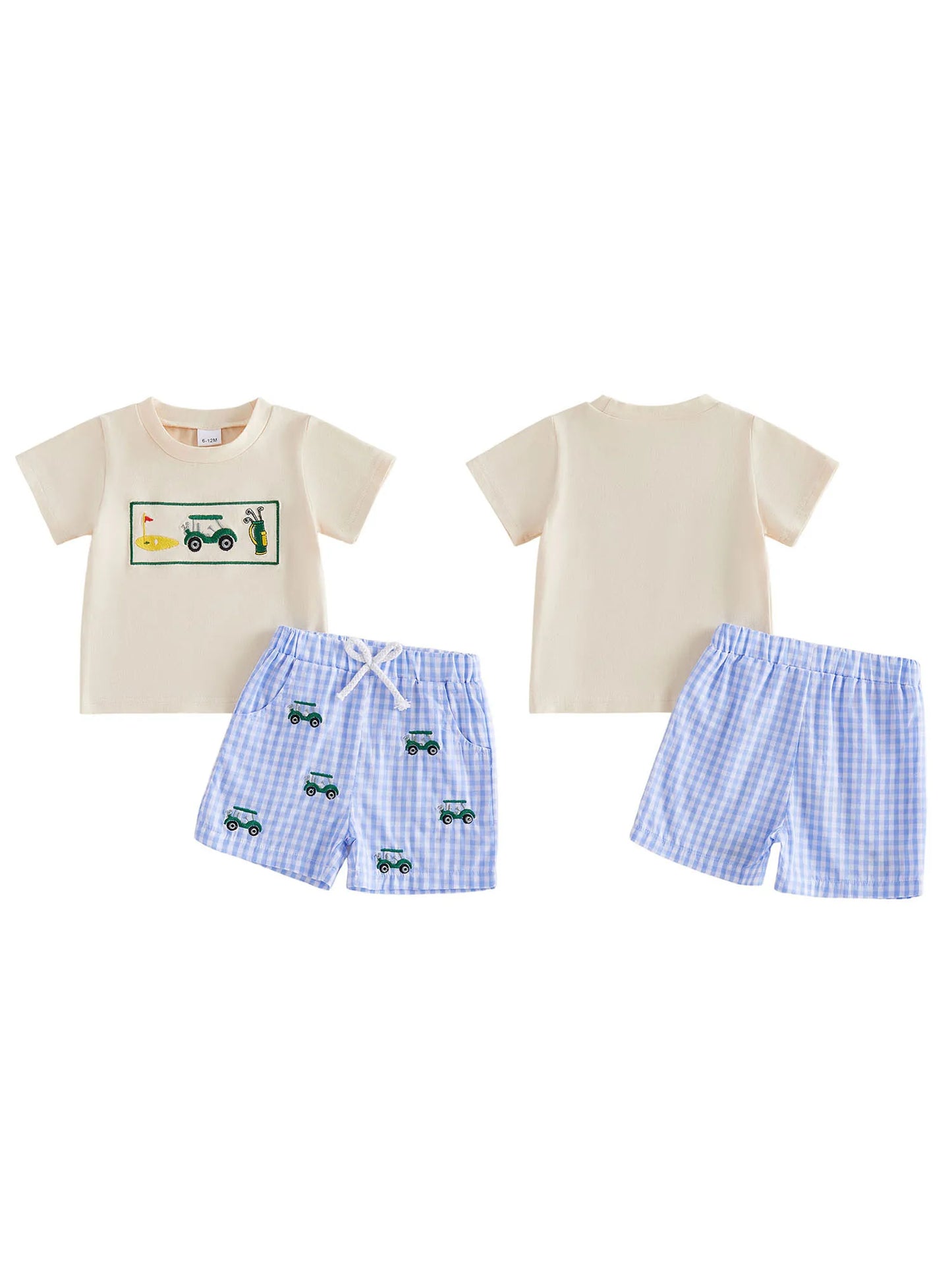 Boys Summer Outfits with Cute Animal Embroidery Short Sleeve T-Shirts and Elastic Waist Plaid Shorts 2Pcs Clothing Set for