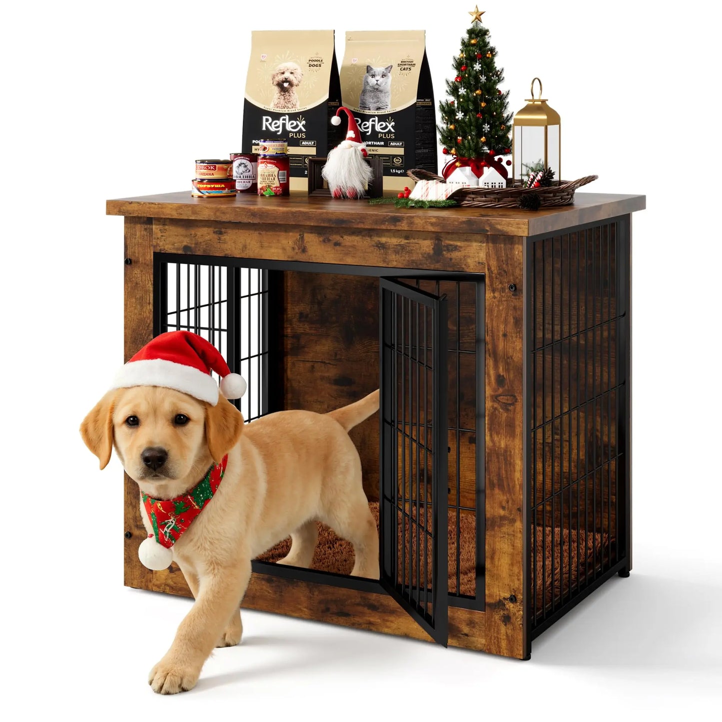 Wooden Dog Crate Side Table Kennel With Double Door