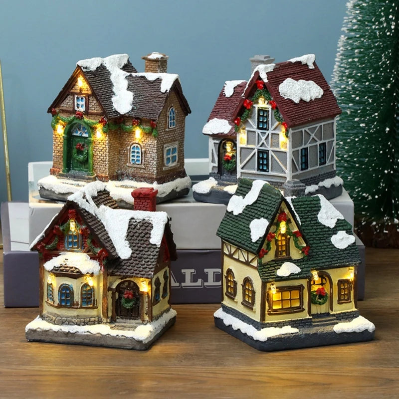 Christmas LED Light House Ornaments Resin Cottage Miniature Village