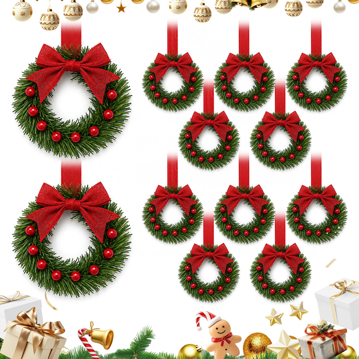 HiMiss Mini Christmas Wreaths With Pine Berry Bows Holiday Decor