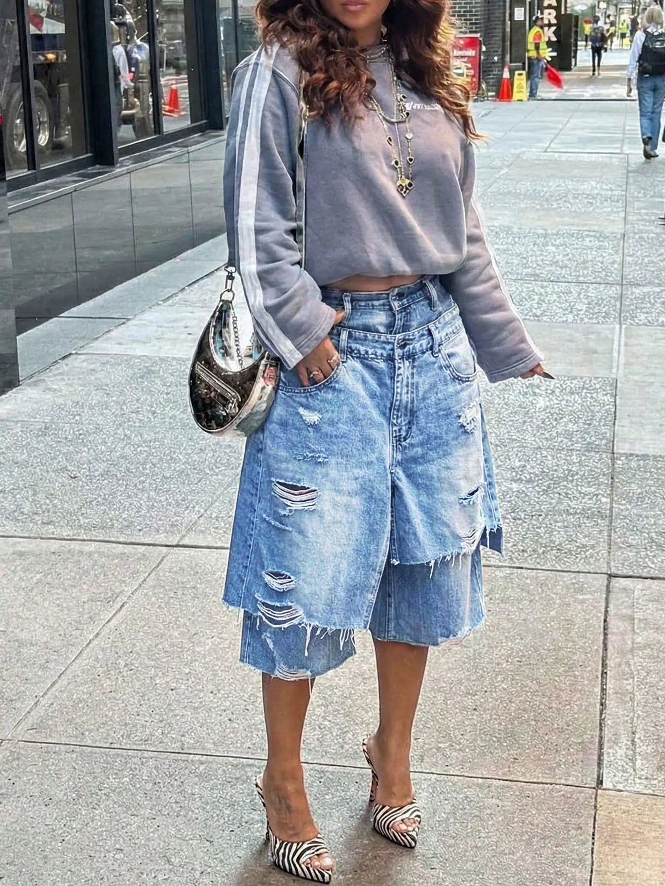 GLOURI Denim Bermuda Shorts With Double Waistband Pockets