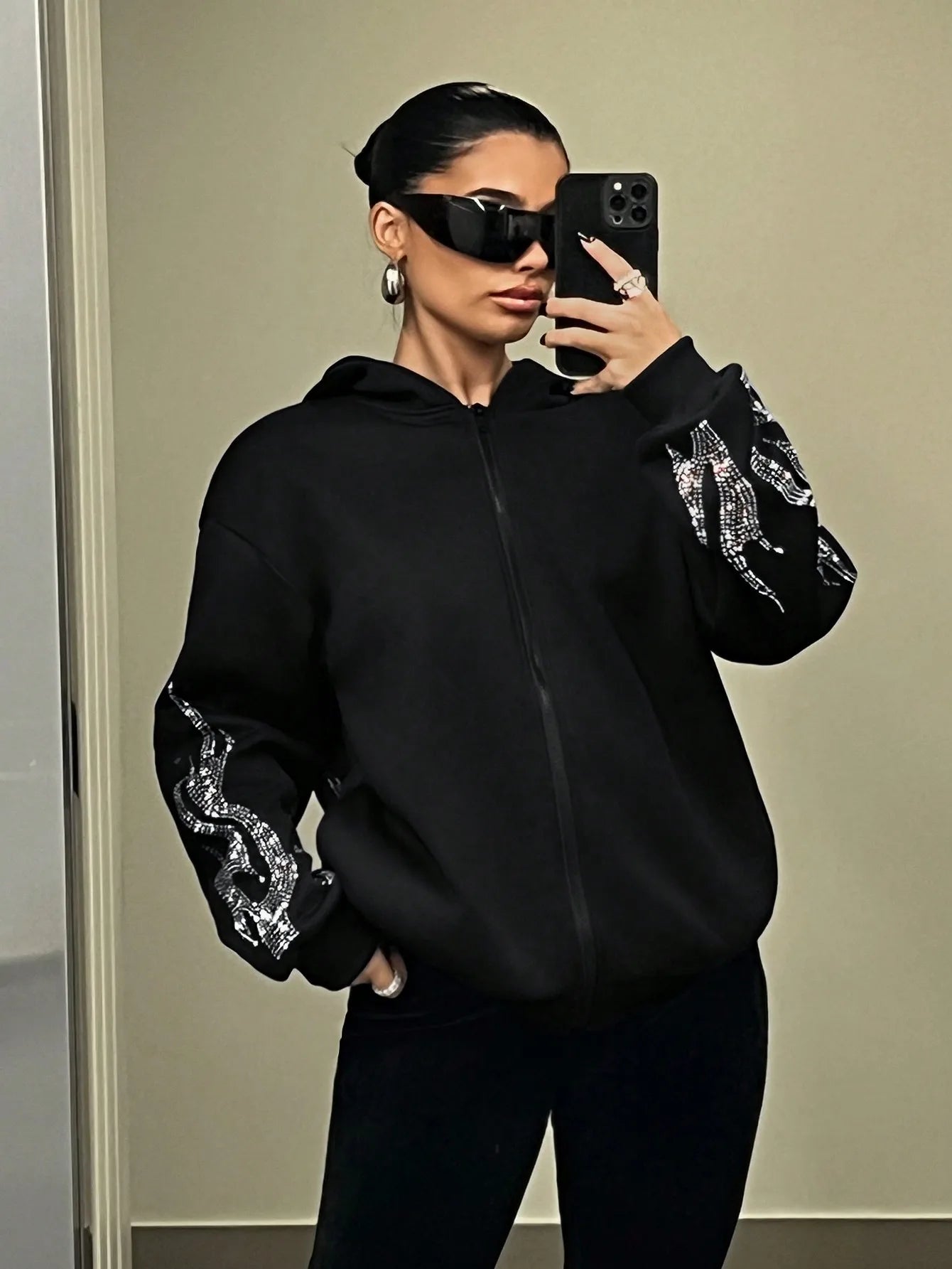 Zip Up Hoodie With Flame Rhinestone Print Long Sleeve Women