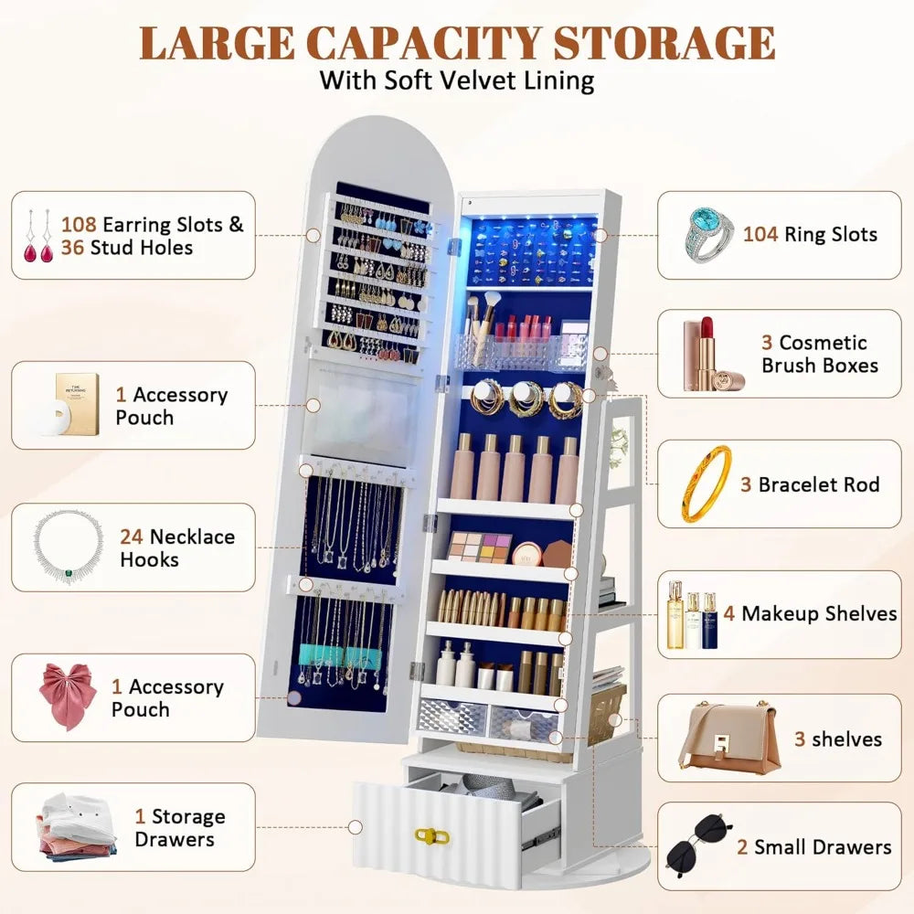 Full Length Jewelry Mirror Cabinet With Storage And Rotating Stand