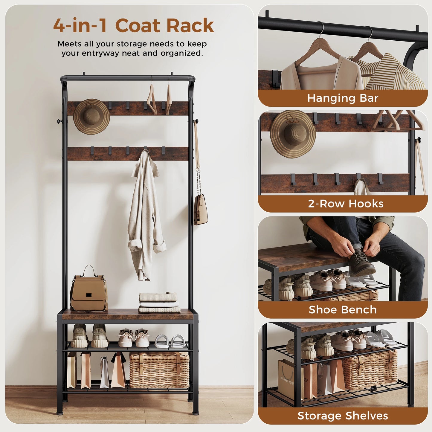 JHK 4-in-1 Coat Rack with Shoe Bench Entryway Bench with Shoe Storage Hooks Mudroom Storage Organizer with Shelves For Home