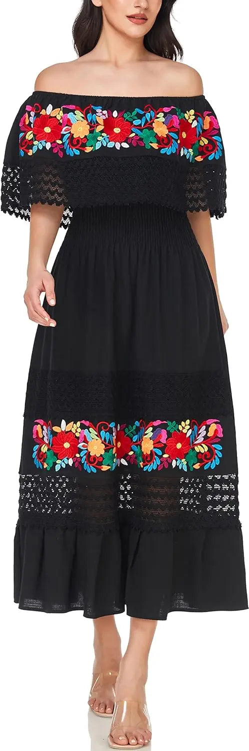 Women Cotton Off Shoulder Mexican Peasant Casual Dress