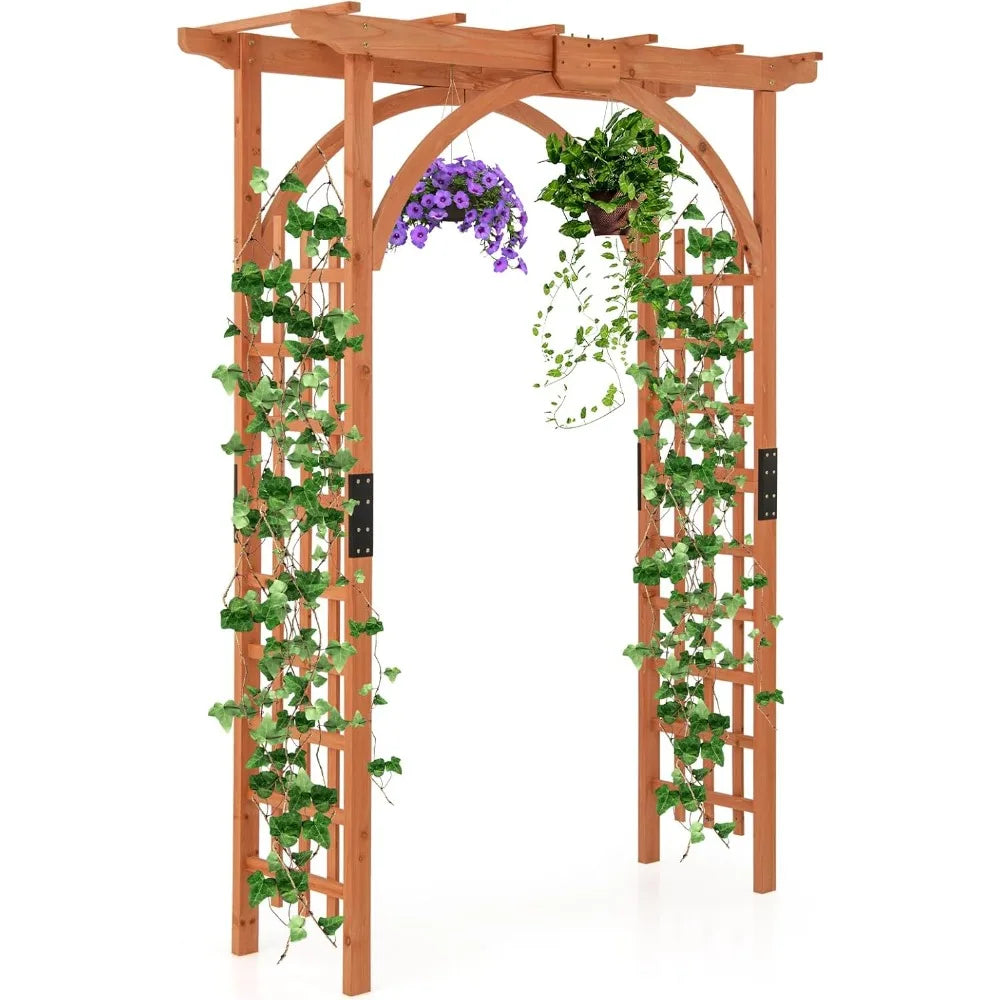 Wooden Garden Gazebo Arch with Decorative Roof and Climbing Frame