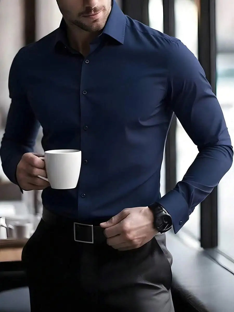 Mens Solid Color Long Sleeve Button Up Shirt Stand Collar