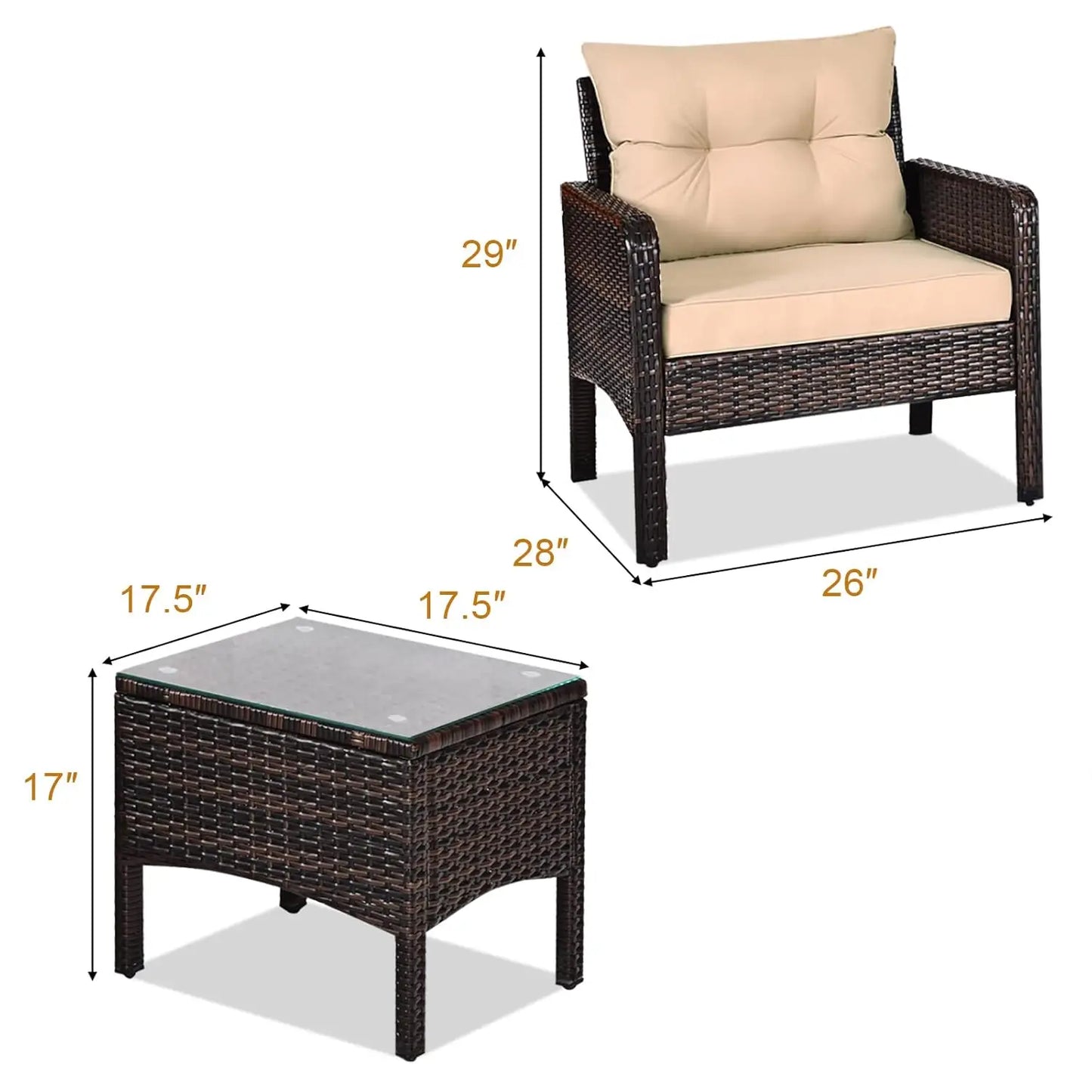 3 Piece Patio Furniture Set, Outdoor Wicker Conversation Bistro Set with 4 Cushions, All Weather PE Rattan, Customized