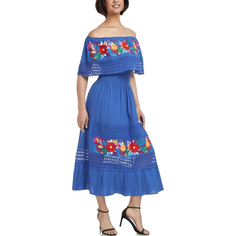 Women Cotton Off Shoulder Mexican Peasant Casual Dress