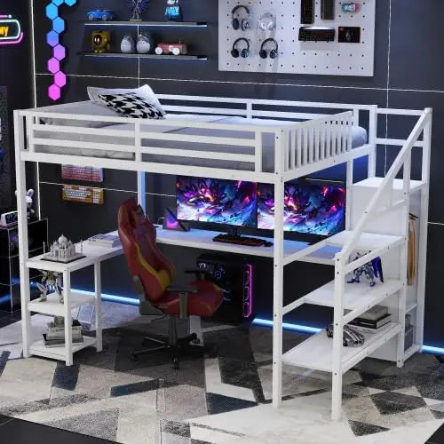 Queen Size Loft Bed Frame for Adults, Metal Loft Bed with Stairs & Storage, Wardrobe, Bedside Shelf and Large, Customized