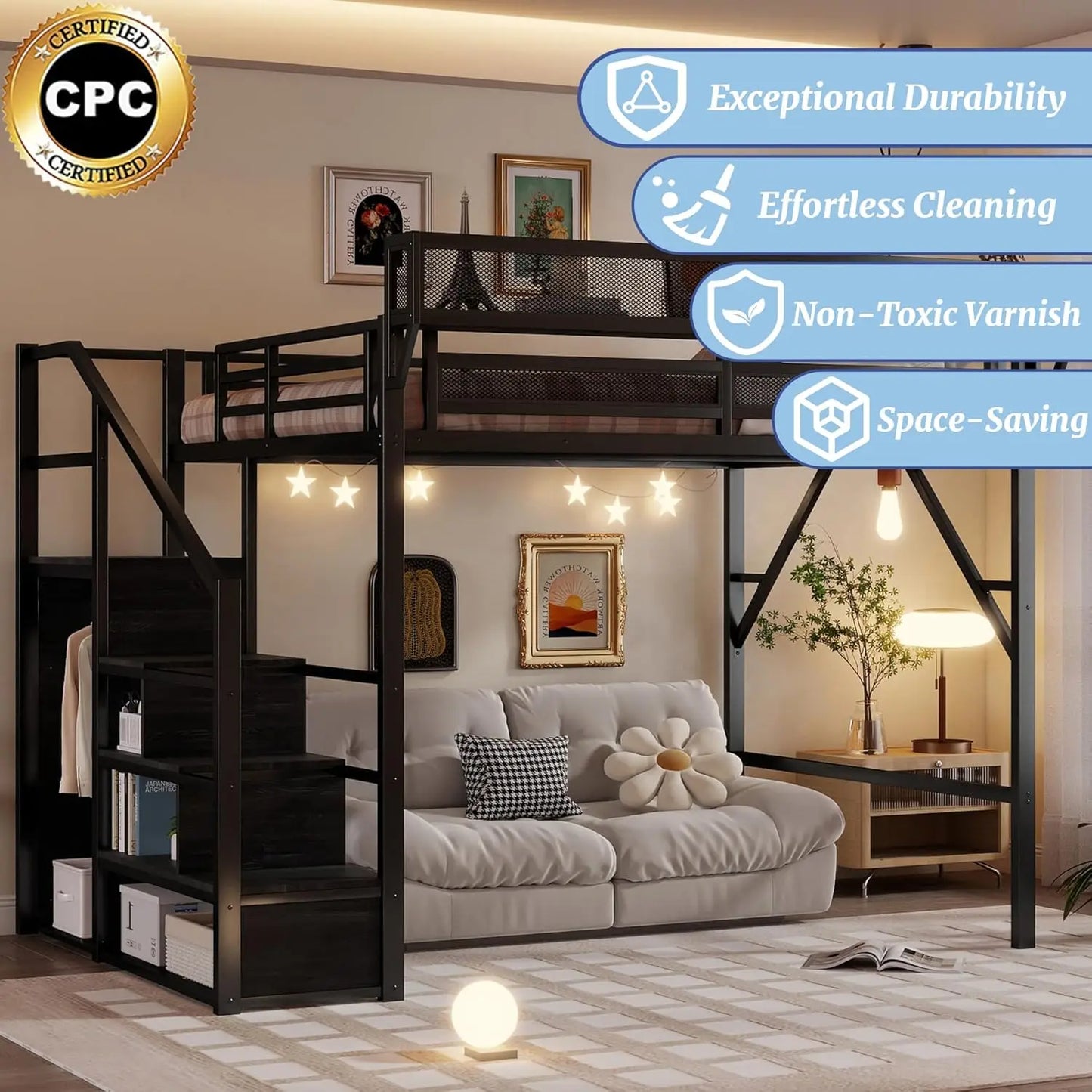 Queen Size Loft Bed Frame for Adults, Metal Loft Bed with Stairs & Storage, Wardrobe, Bedside Shelf and Large, Customized