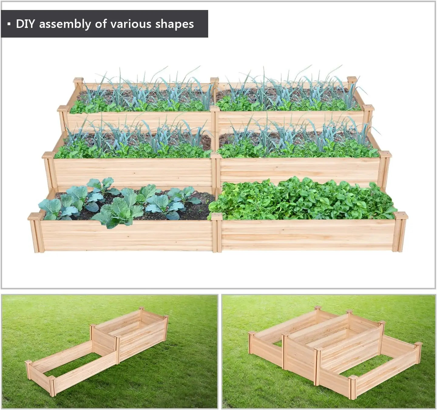 8x2ft Divisible Raised Garden Bed for Flowers Vegetables Herbs Outdoor Planting Planter Box Natural Wood