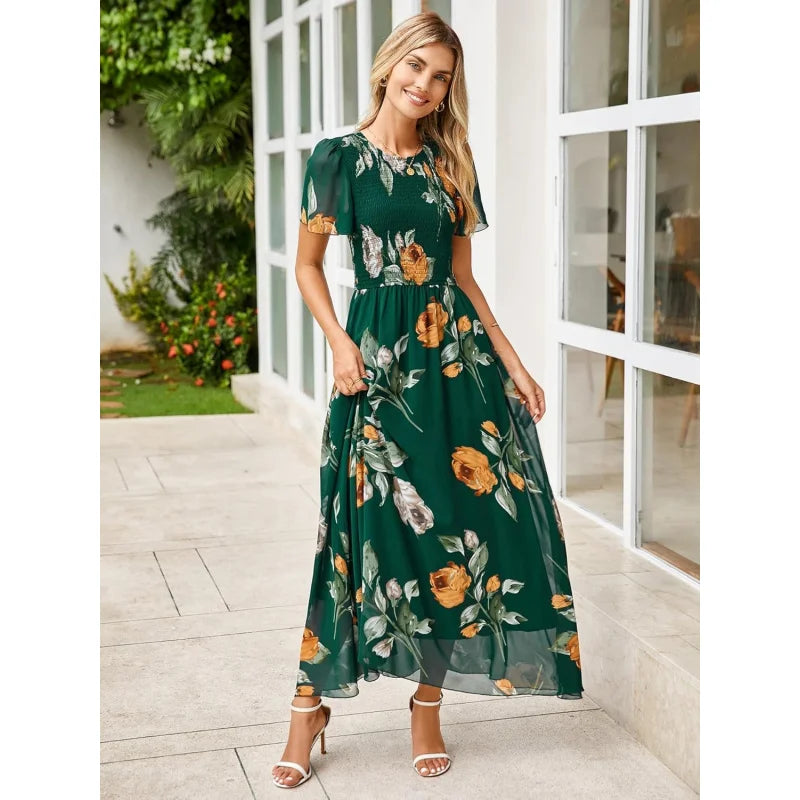 Floral Casual Summer Maxi Dress Chiffon With Smocked Short Sleeve