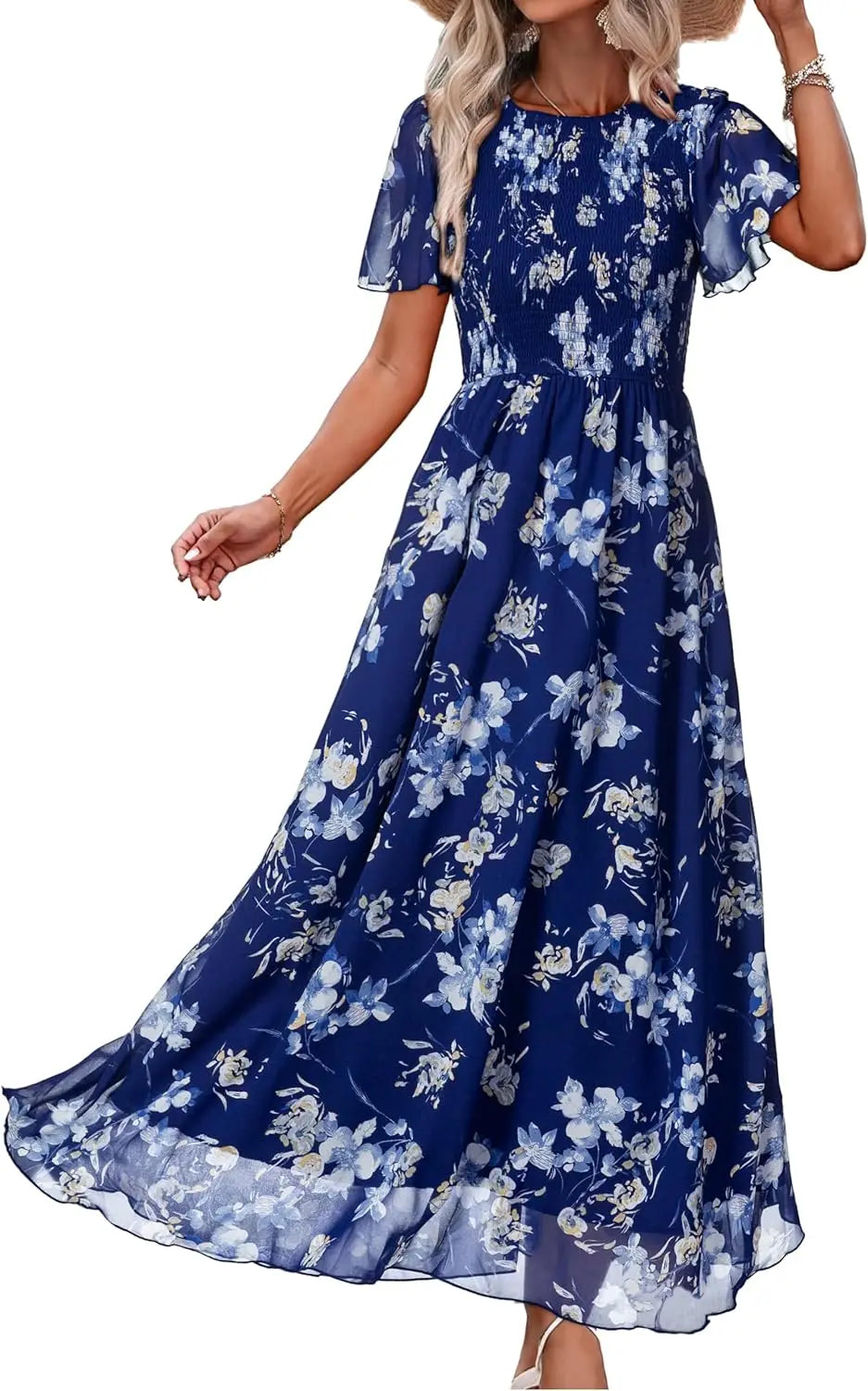 Floral Casual Summer Maxi Dress Chiffon With Smocked Short Sleeve