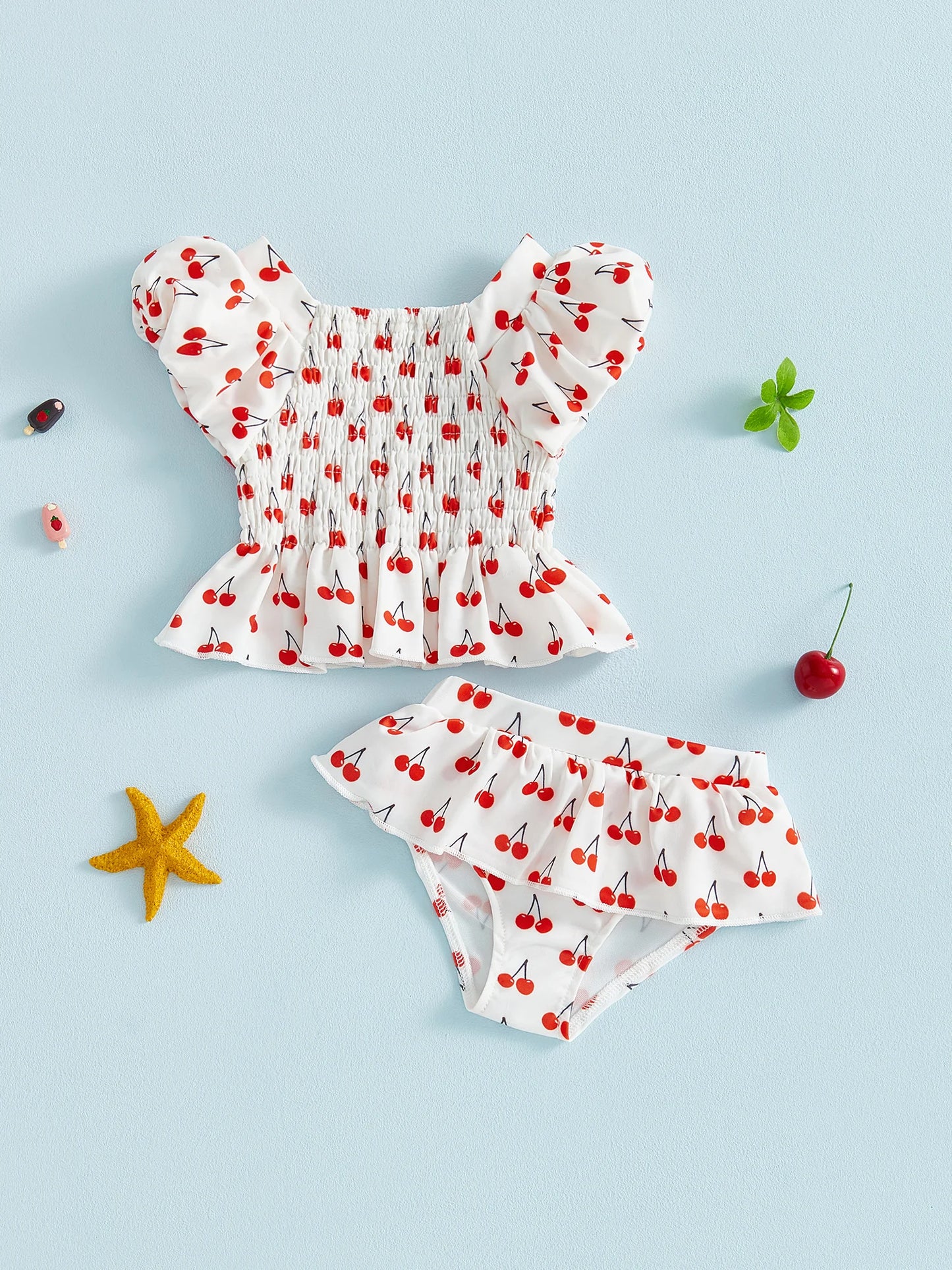 Infant Girl Floral Print Bikini Set with Bow Detailing and Ruffle Trimmed Bottoms for Beach Vacation