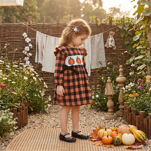 Pudcoco Toddler Girl Halloween Plaid Long Sleeve Dress