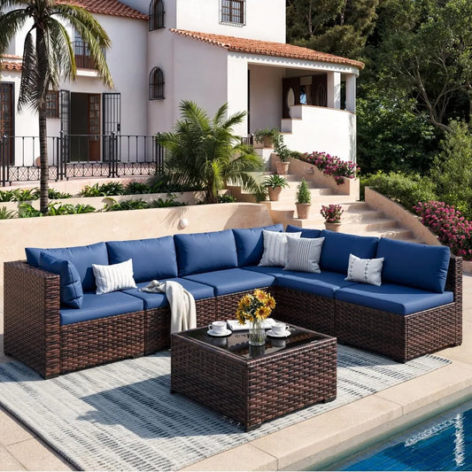 Patio Furniture Set, 7-Piece Outdoor Sectional Rattan Sofa Set with Coffee Table (Navy Blue Cushions with Brown, Customized
