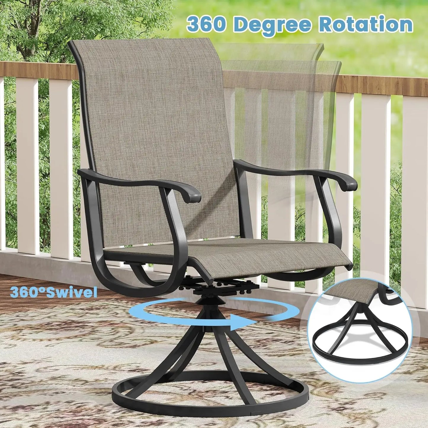 5 Pieces Outdoor Patio Dining Set, 4 Brown Textilene Swivel Dining Chairs and 40.6" Black Round Dining Table, Metal, Customized