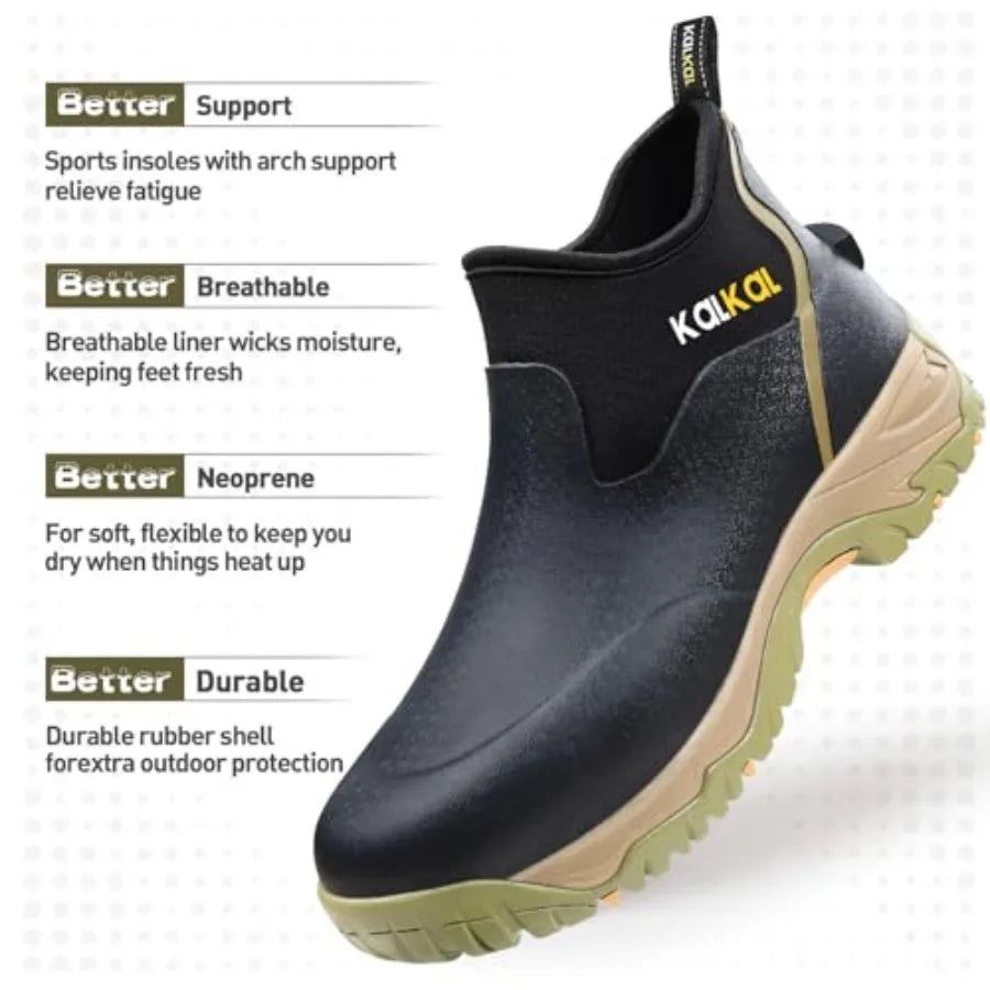 Kalkal Men's Rubber Boots, Waterproof Ankle Rain Boots, Insulated Working Booties with Comfortable Sports Sole, Outdoor Mud Boo