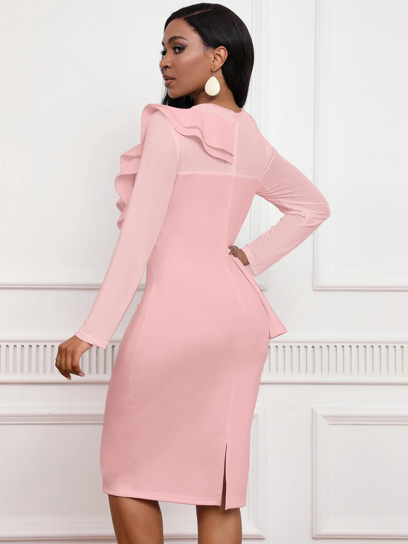 2026 Fashion Beaded Dress Mesh Long-Sleeved Stretch Slim-Fit Ruffled Hip Skirt Dating All-Match Elegant Women's Clothing