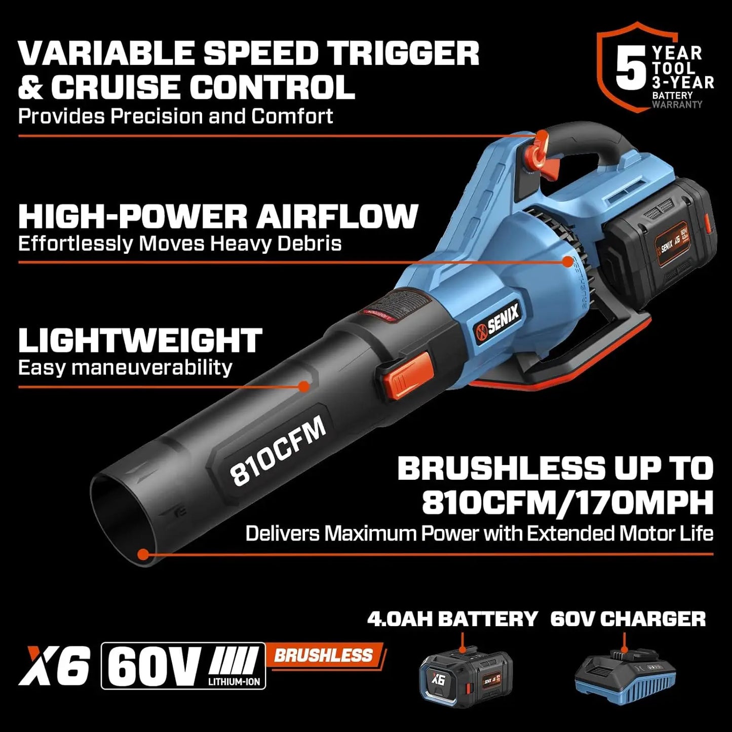 XMSJ Cordless Leaf Blower 60V Brushless 810 CFM 170 MPH
