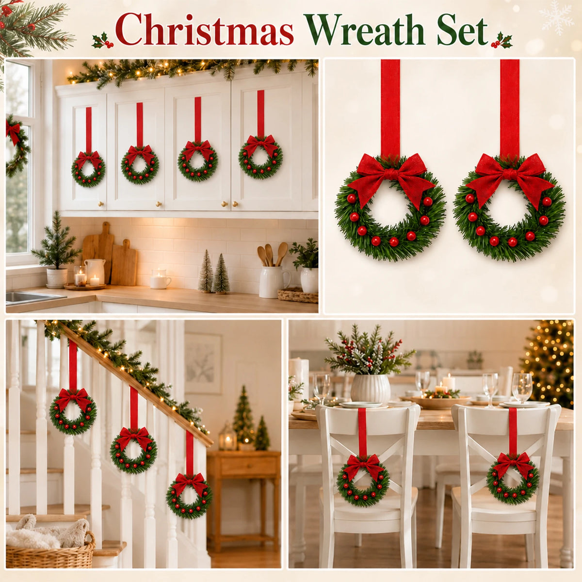 HiMiss Mini Christmas Wreaths With Pine Berry Bows Holiday Decor