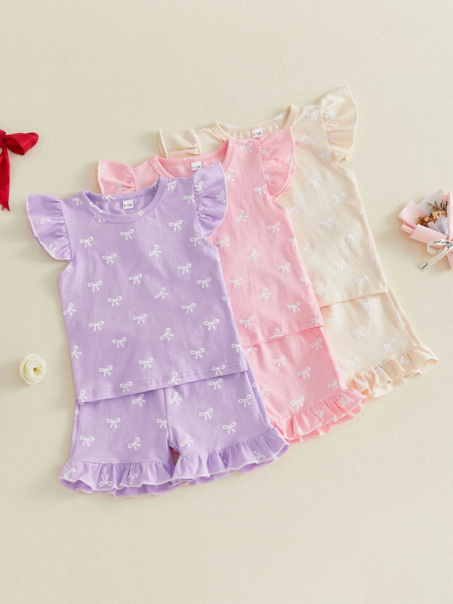 Adorable Infant Girl s Summer Ensemble with Bow Print Frilly Crew Neck Top and Matching Shorts - 2 Piece Set
