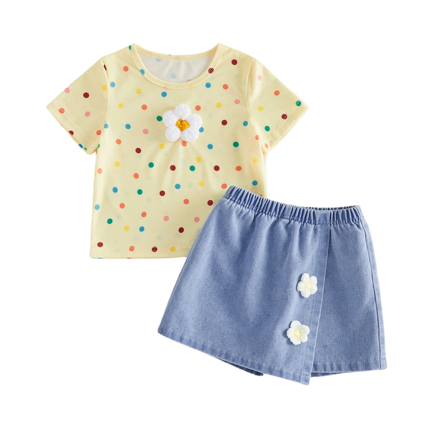 Adorable Toddler Girl s Summer Ensemble with Vibrant Polka Dot Pattern and Floral Accents Featuring Short Sleeve Tee and Denim