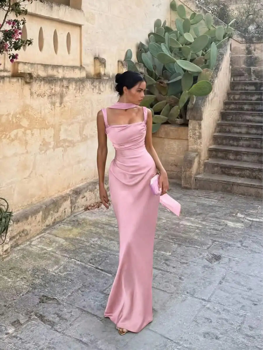 Elegant Satin Long Dress With Ribbon Strap For Women