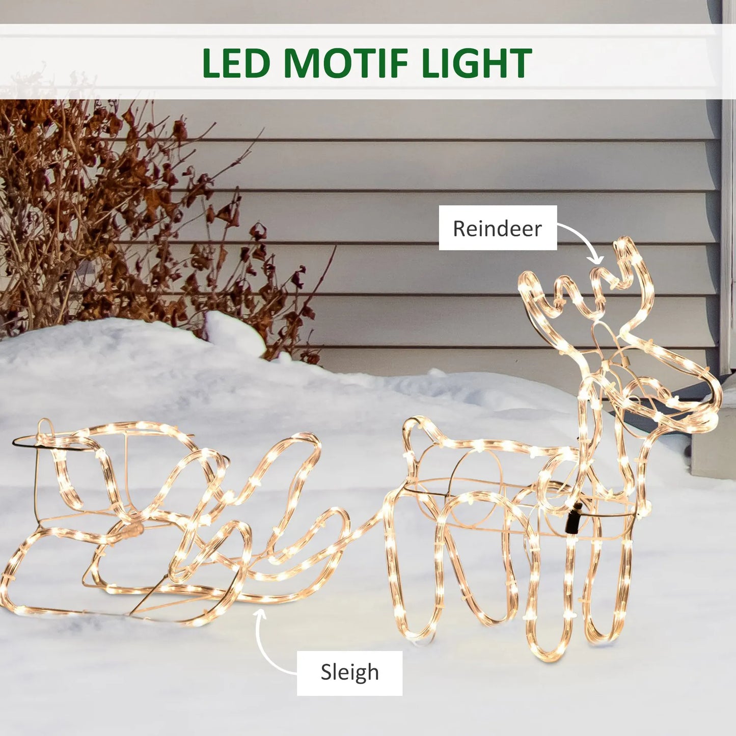 Christmas Reindeer and Sleigh with LED Motif Warm White Lighting, Indoor Outdoor Steel Frame Yard Decoration