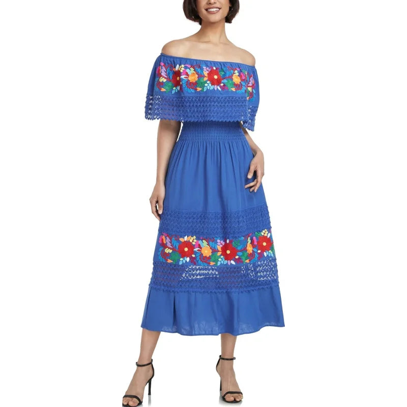 Women Cotton Off Shoulder Mexican Peasant Casual Dress