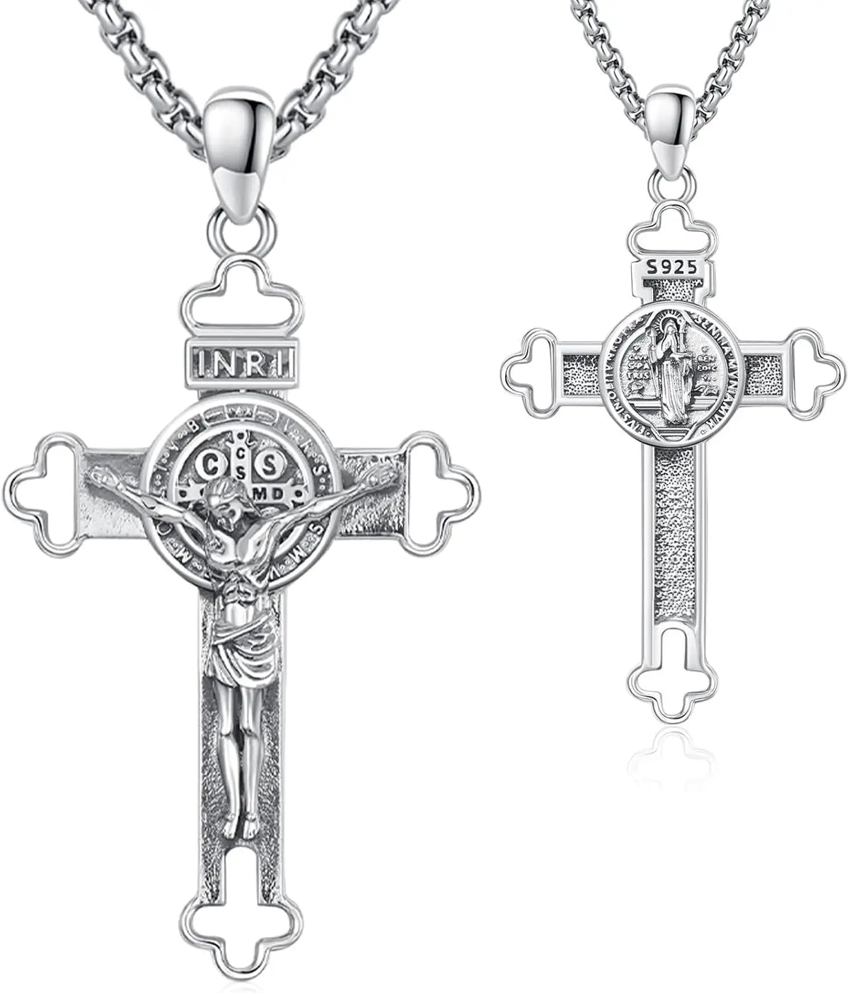 DRINSPER Sterling Silver Saint Benedict Crucifix Protection Necklace