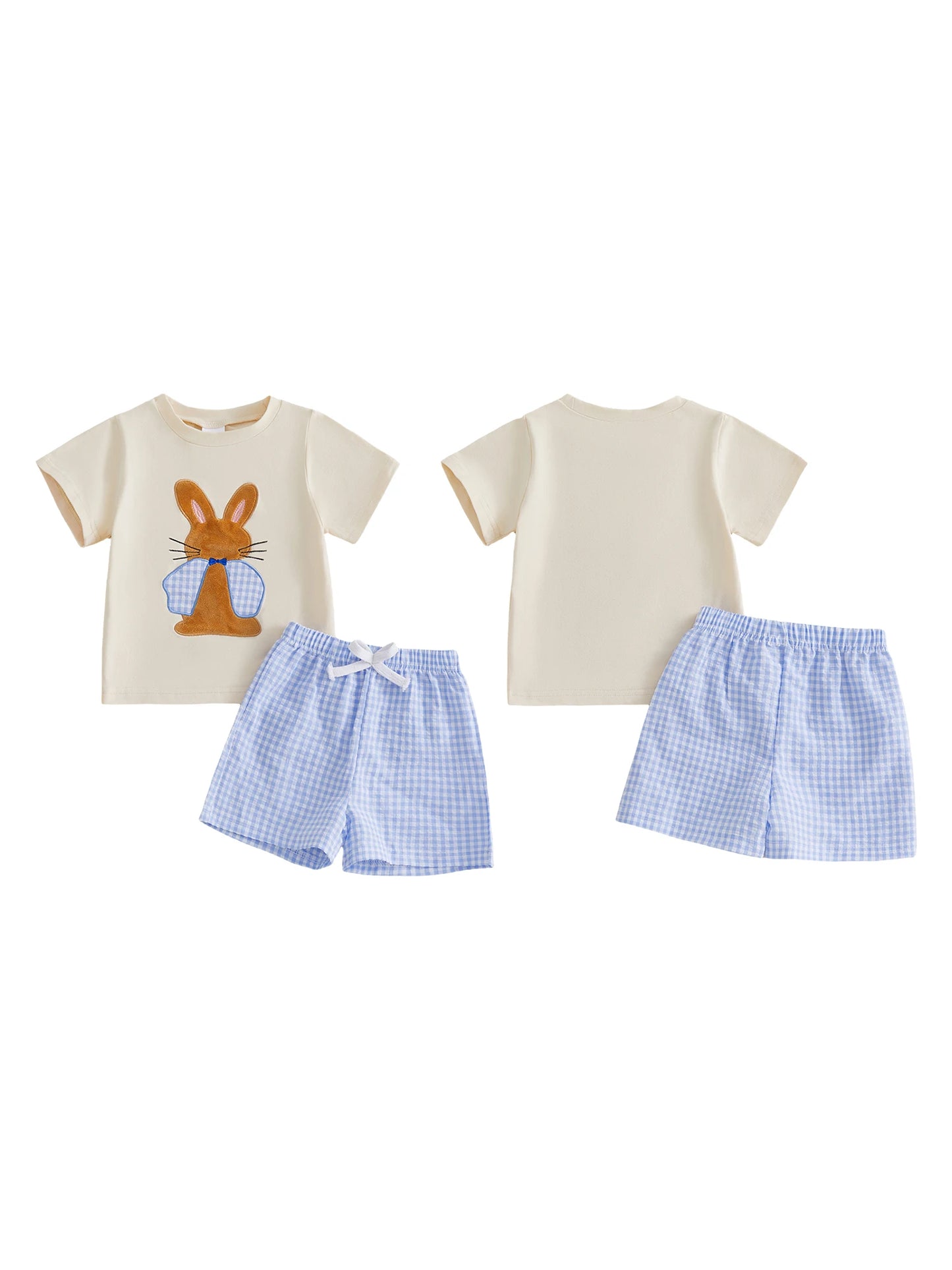 Cute Toddler Boys Easter Clothes Bunny Applique Short Sleeve Tee and Checkered Shorts Set for Spring Outfits