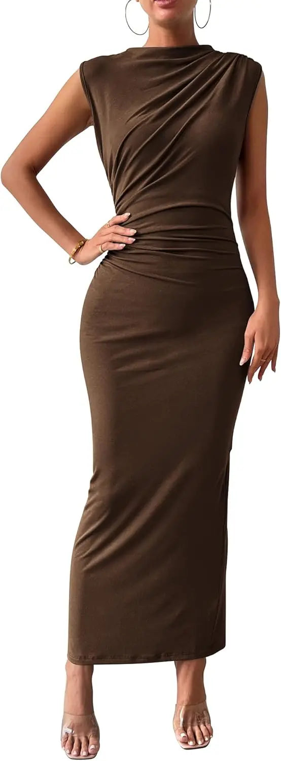 Women Ruched Bodycon Maxi Dress Wedding Guest Sleeveless