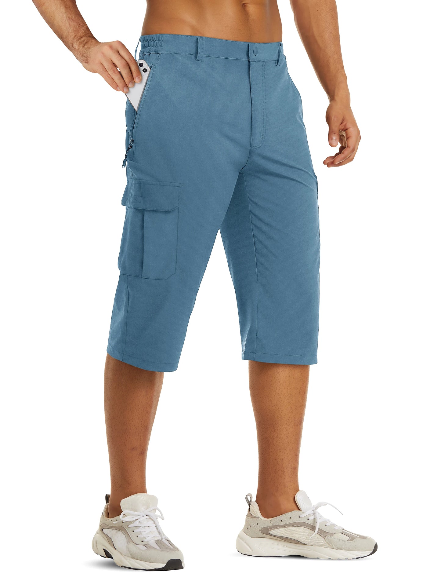 Mens Summer Quick Dry 3/4 Capri Pants Casual Multi-Pockets Lightweight Shorts Outdoor Hiking Cargo Nylon Pants Workout