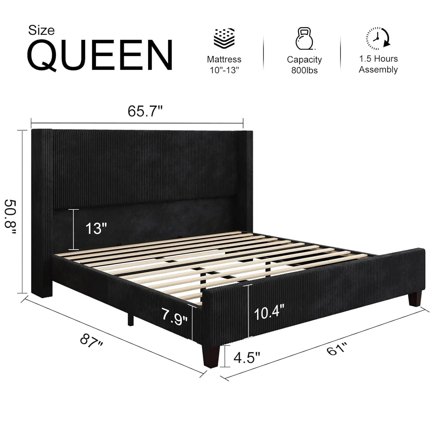 Queen Size Bed Frame with 50.8" Tall Wingback Headboard, Modern Corduroy Upholstered Platform Bed Frame with Solid, Customized
