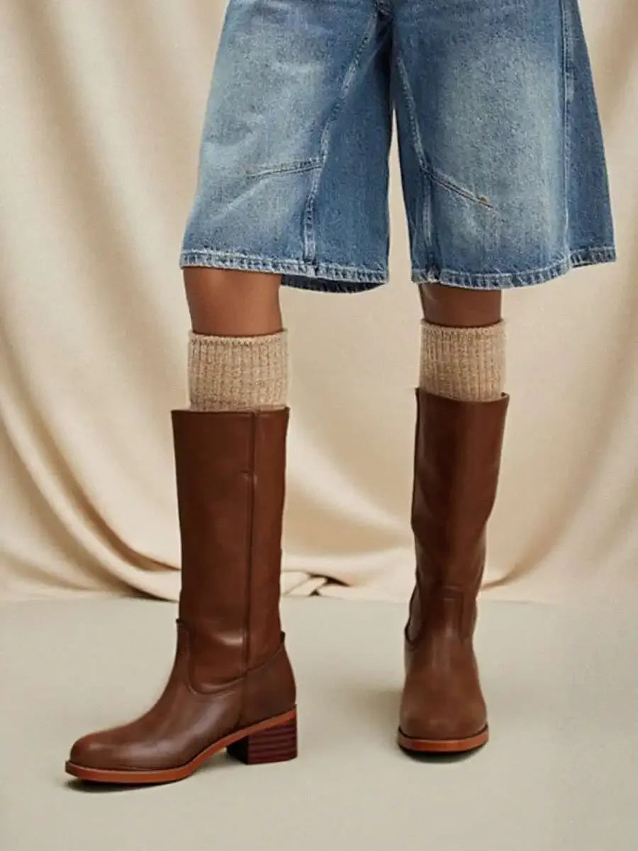 Knee High Boots For Women Square Toe Chunky Block Heel Pull On Riding Boots Autumn Casual