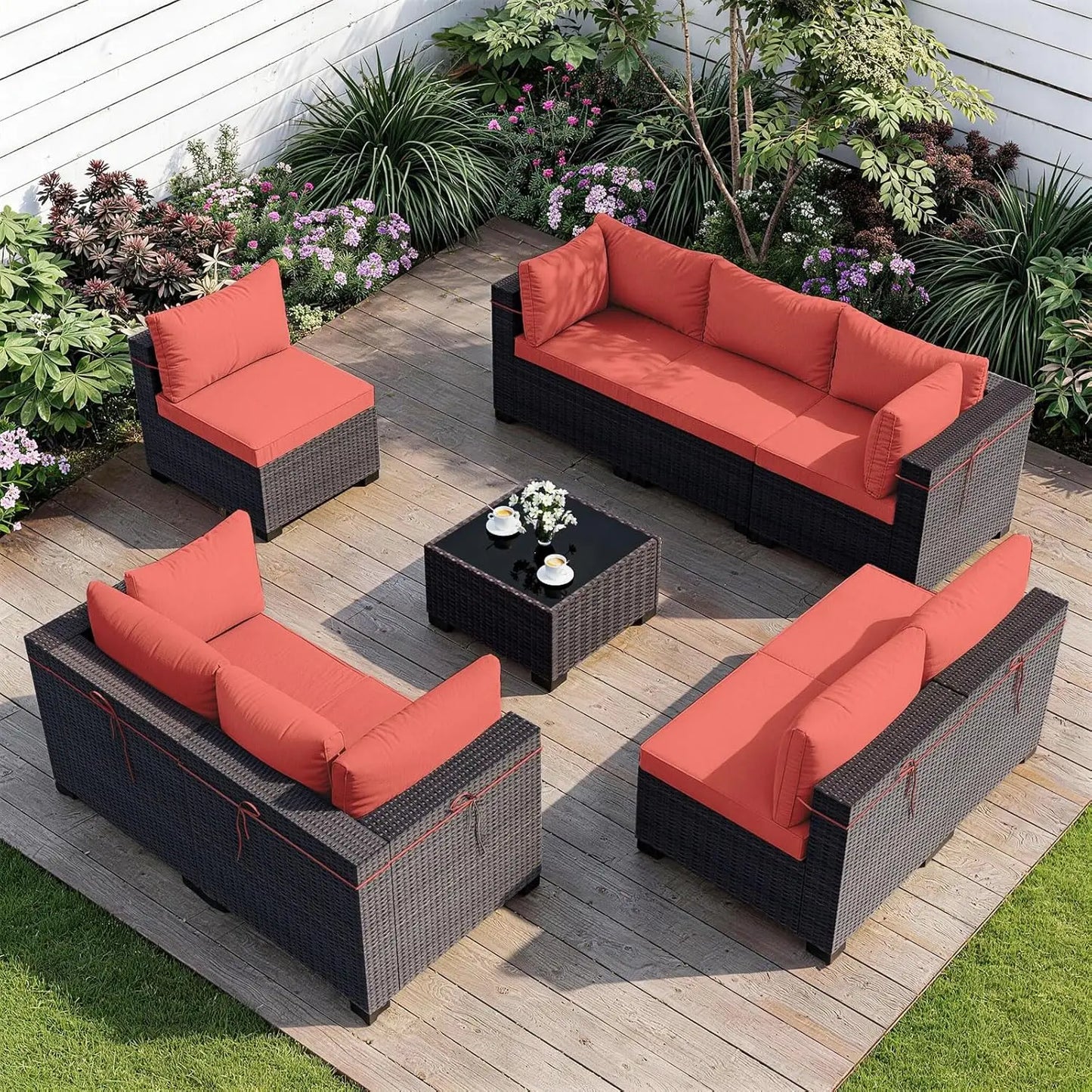 Patio Furniture Set with Coffee Table, 9 Pieces Outdoor Sectional with Wide Seat and Thick Cushion, All Weather, Customized