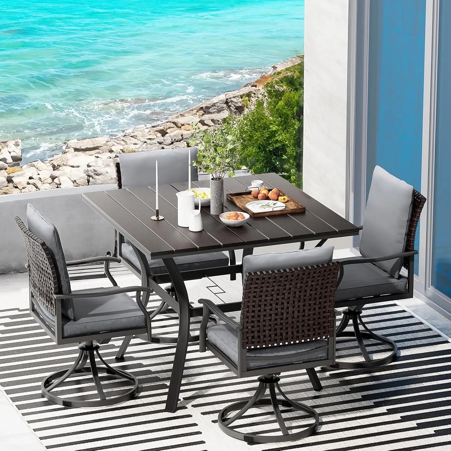 Outdoor 5 Piece Patio Dining Set With Swivel Chairs And Round Table