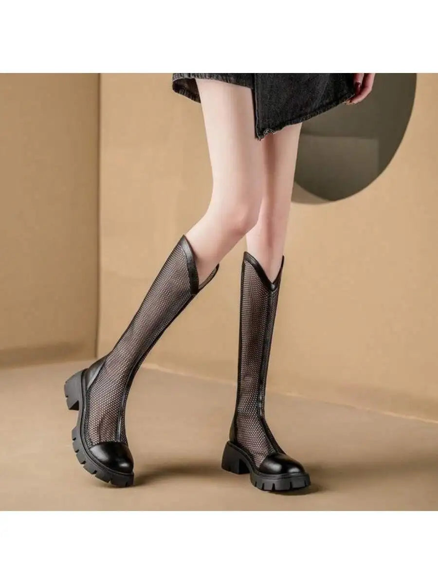 Women's Mesh Riding Boots With Platform Heel Breathable