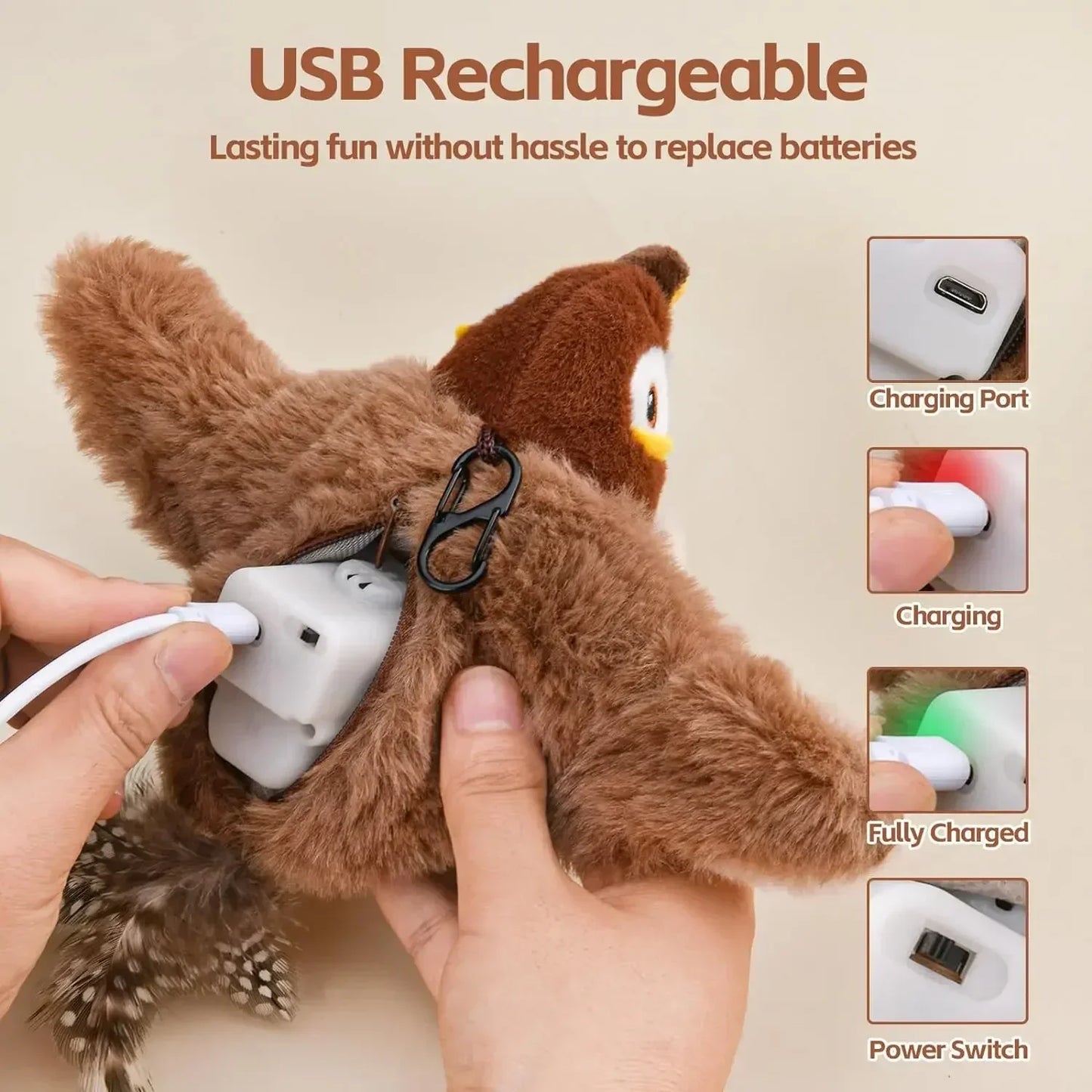 Bird Shaped Interactive Cat Toy With Rechargeable Chirping Flapping Plush