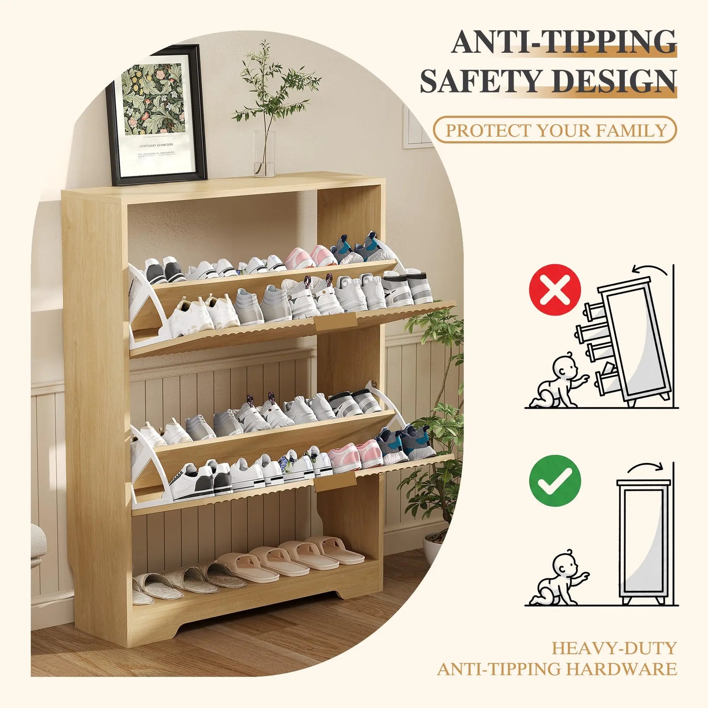 Narrow Shoe Storage Cabinet With 2 Flip Drawers, Slim Fluted Hidden Freestanding Wooden Shoe Rack For Entryway Hallway Foyer