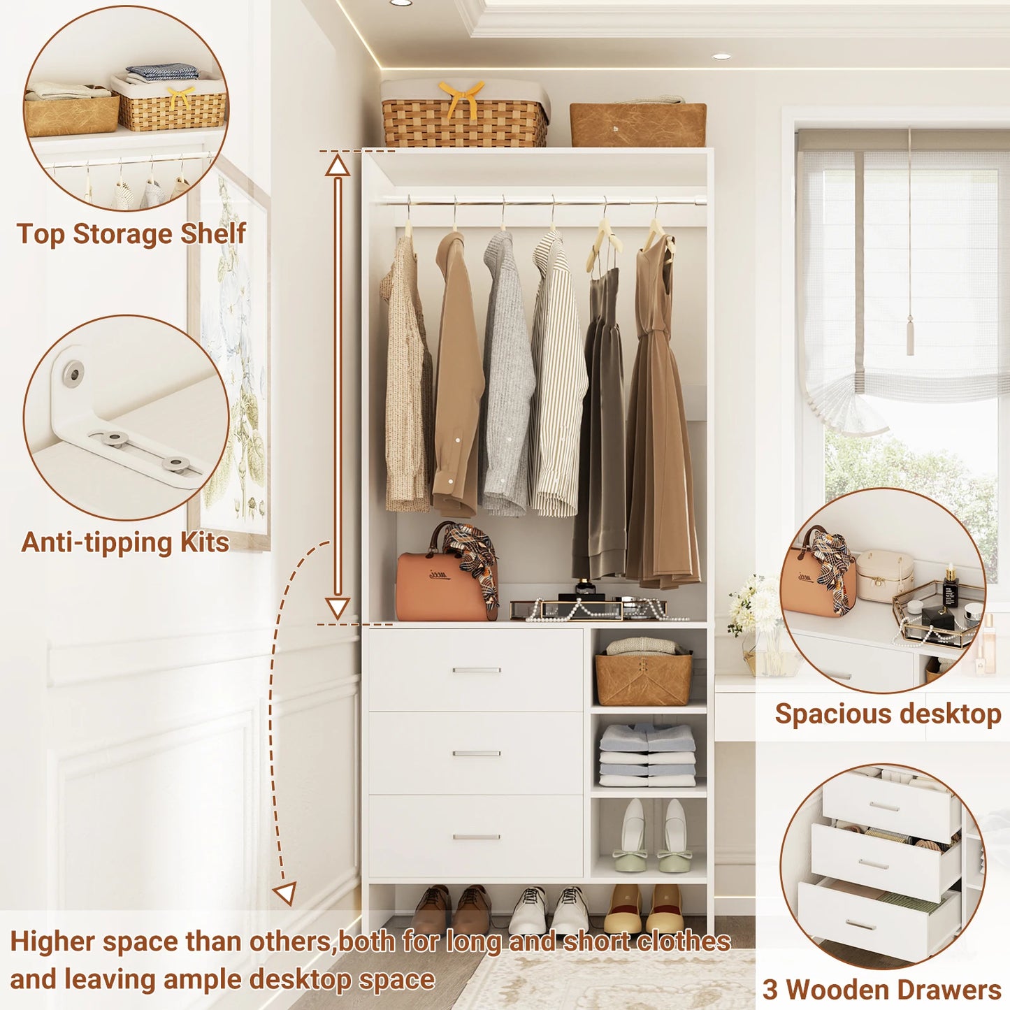 Aheaplus 2.5FT Wood Closet Organizer System with 3 Drawers 29.5'' Walk-in Or Small Closet Wardrobe with Clothes Rack And Hanging Rods