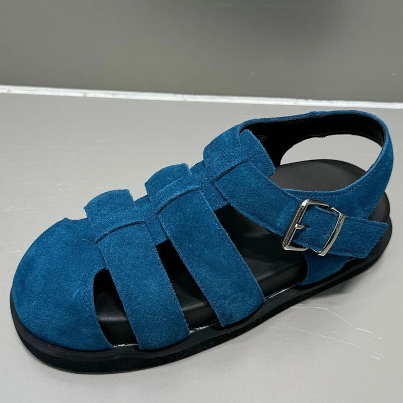 AUTUSPIN Retro Women Genuine Leather Flat Sandals Fashion Comfort Casual Buckles Shoes Woman Summer Hollow Out Sandals Round Toe