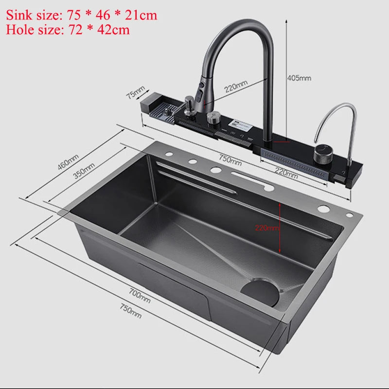 304 Stainless Steel Kitchen Sink Double Waterfall Single Slot Integrated Digital Display Faucet Set Soap dispenser Cup Washer